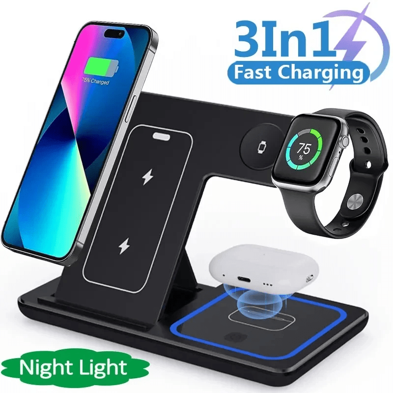 3 In 1 LED Fast Wireless Charger Stand Foldable Charging Station - rich route empire